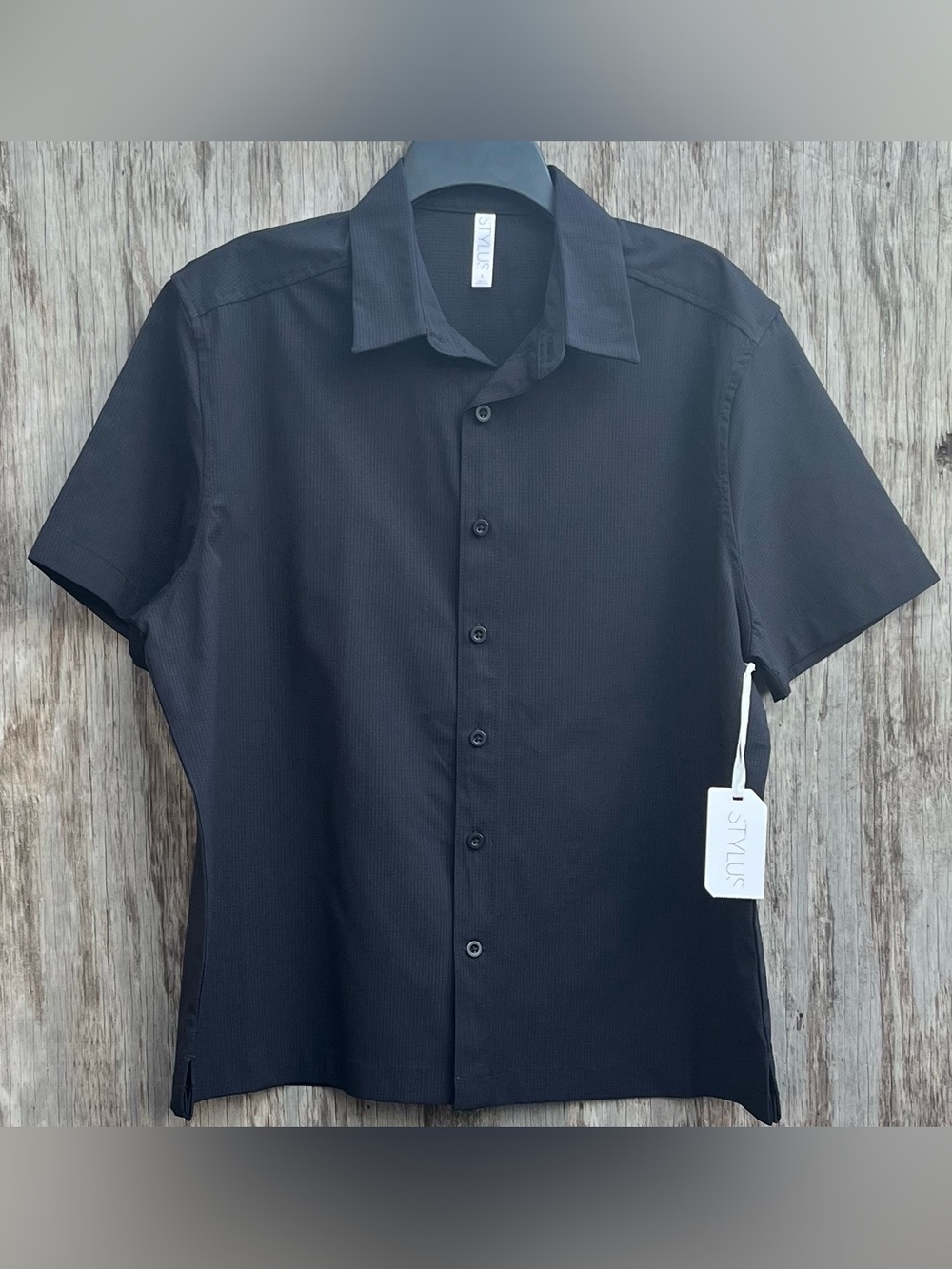 Stylus Men's Large Regular black  Short Sleeve Stretch Woven Button-Up Shirt